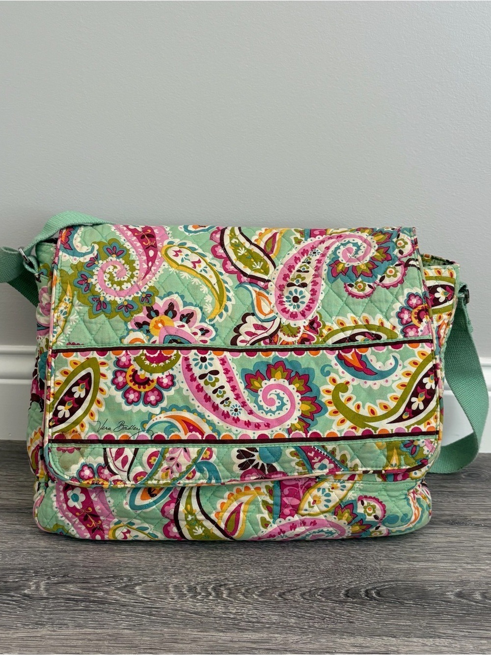 Vera Bradley Mint Paisley Quilted Crossbody with Pink & Green Accents